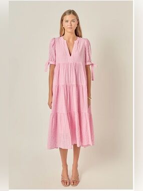English Factory Gingham Tiered Midi Dress Pink Check Puff Sleeve V-Neck Medium